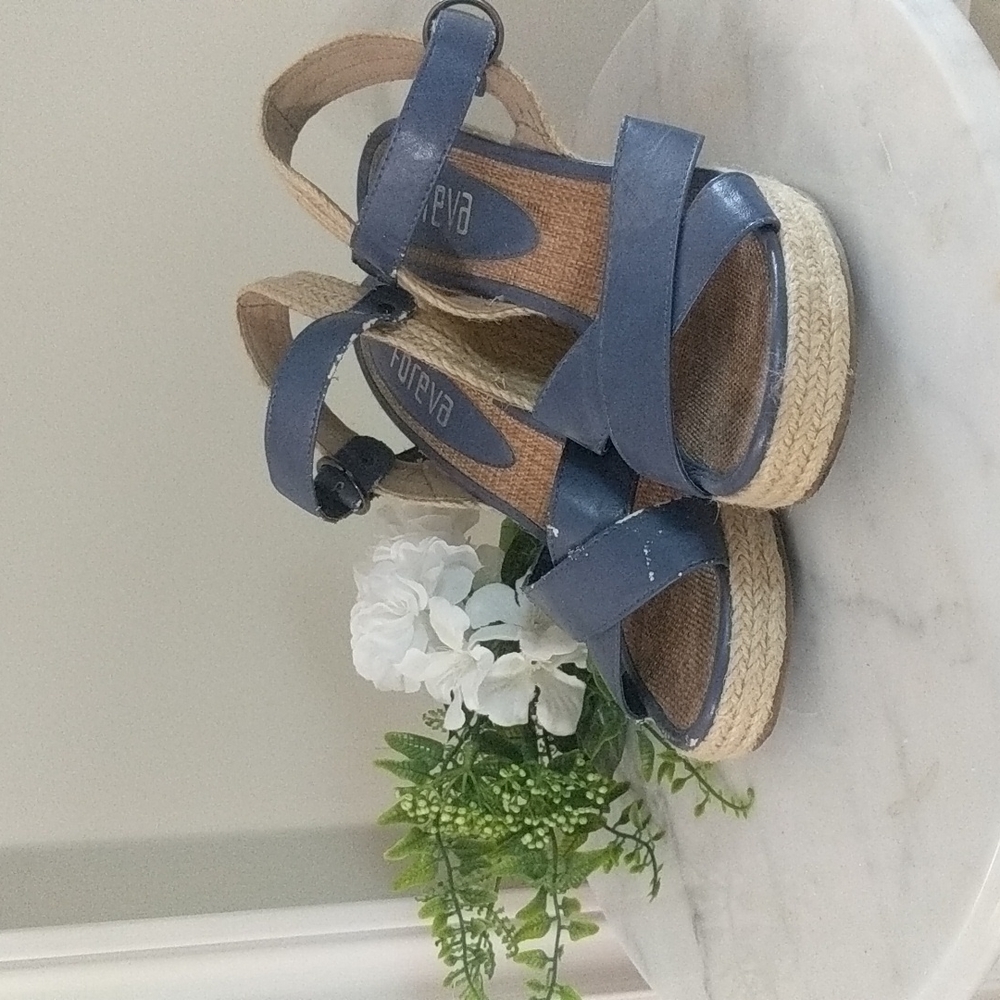 Blue and Tan Wedge Sandal Heels